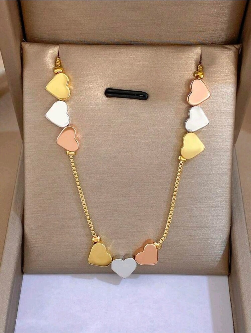 Tri-Color Heart Station Gold Color Necklace